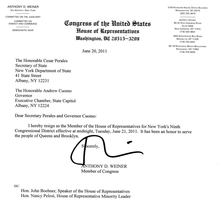 Congressman Weiner Resignation Letter